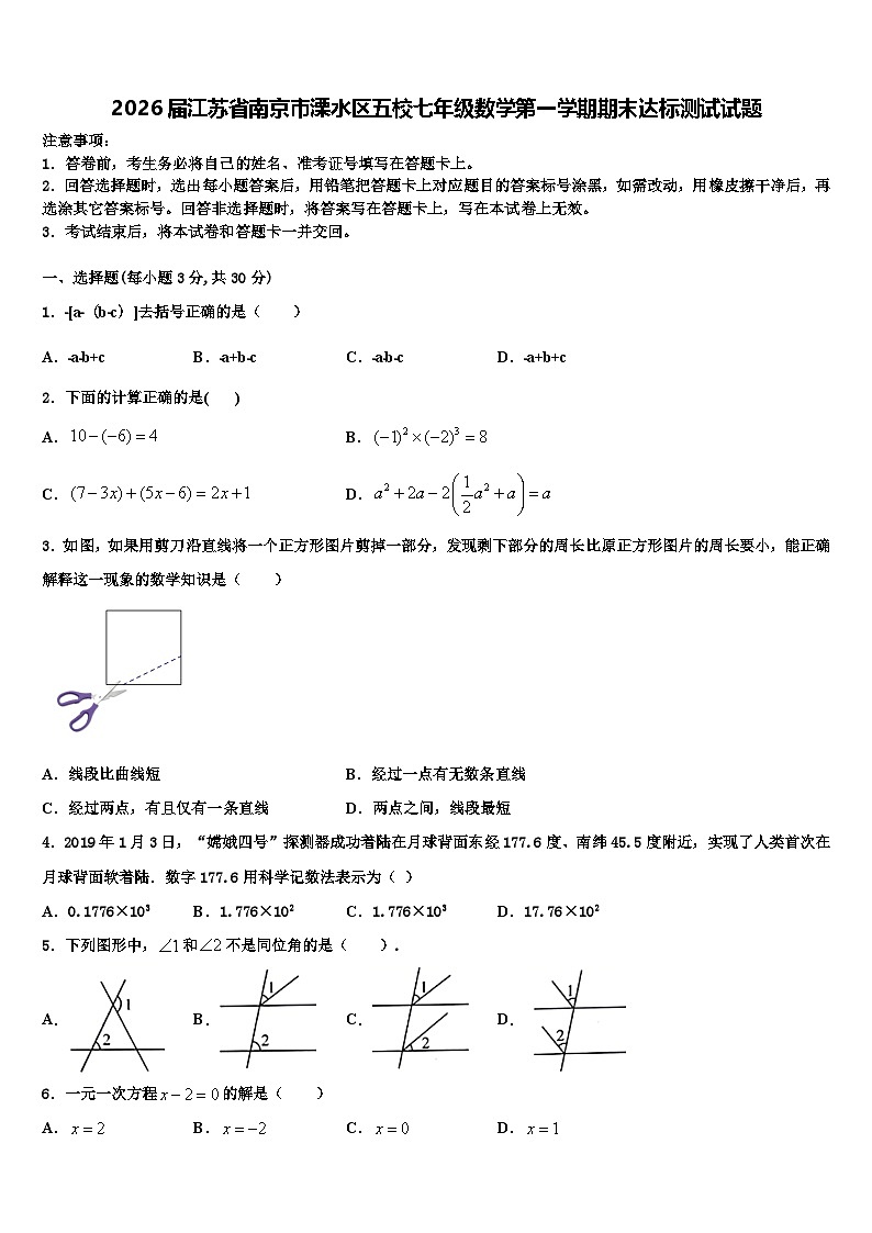 2026届江苏省南京市溧水区五校七年级数学第一学期期末达标测试试题含解析第1页