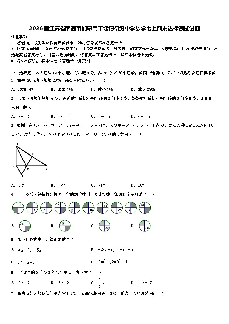 2026届江苏省南通市如皋市丁堰镇初级中学数学七上期末达标测试试题含解析第1页