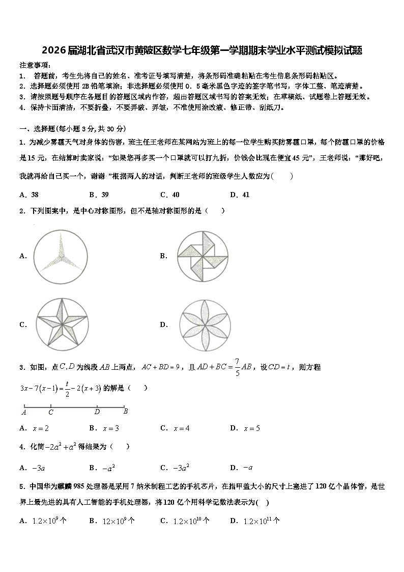 2026届湖北省武汉市黄陂区数学七年级第一学期期末学业水平测试模拟试题含解析第1页