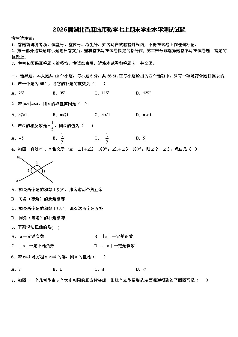 2026届湖北省麻城市数学七上期末学业水平测试试题含解析第1页