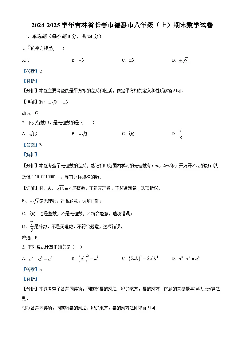 精品解析：吉林省长春市德惠市2024-2025学年八年级上学期期末数学试卷（解析版）第1页