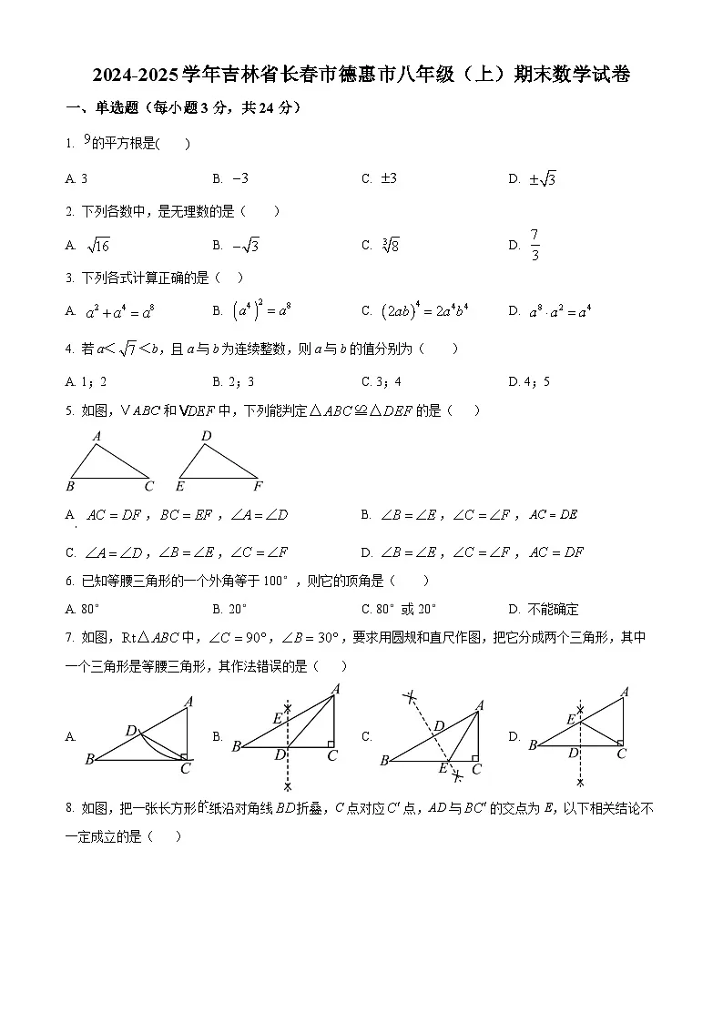 精品解析：吉林省长春市德惠市2024-2025学年八年级上学期期末数学试卷（原卷版）第1页
