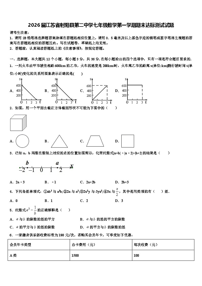 2026届江苏省射阳县第二中学七年级数学第一学期期末达标测试试题含解析第1页