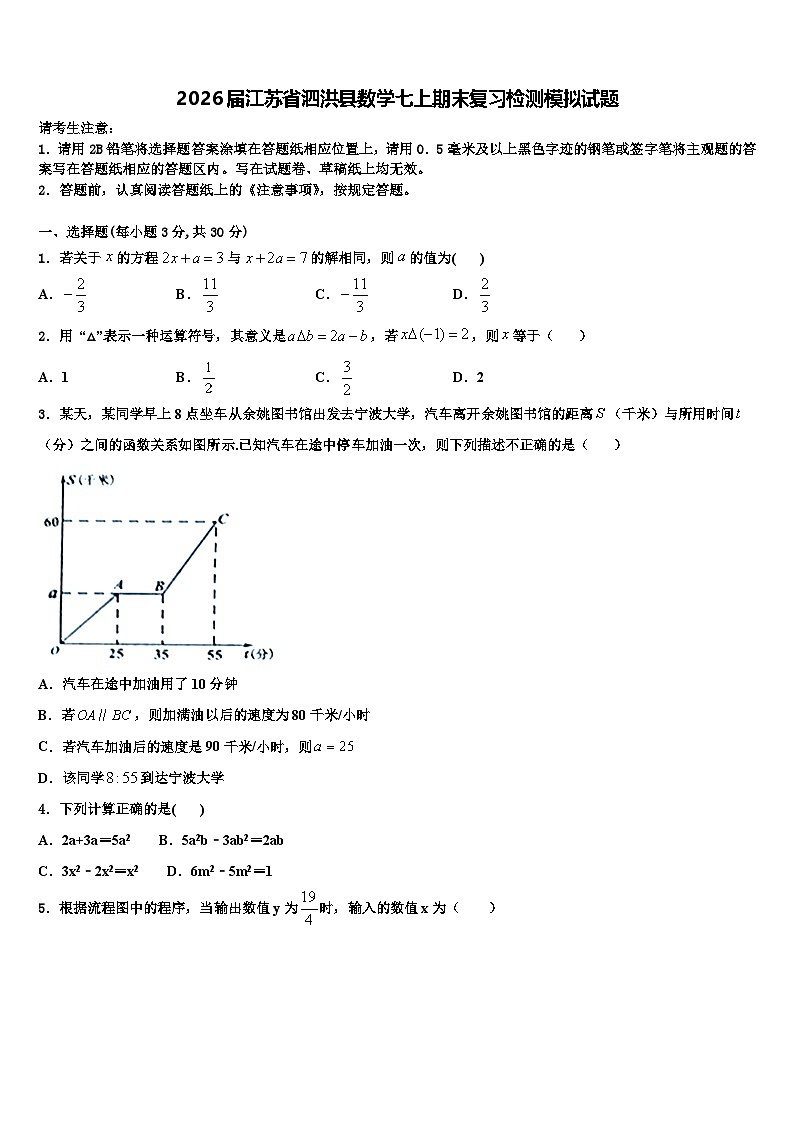 2026届江苏省泗洪县数学七上期末复习检测模拟试题含解析第1页