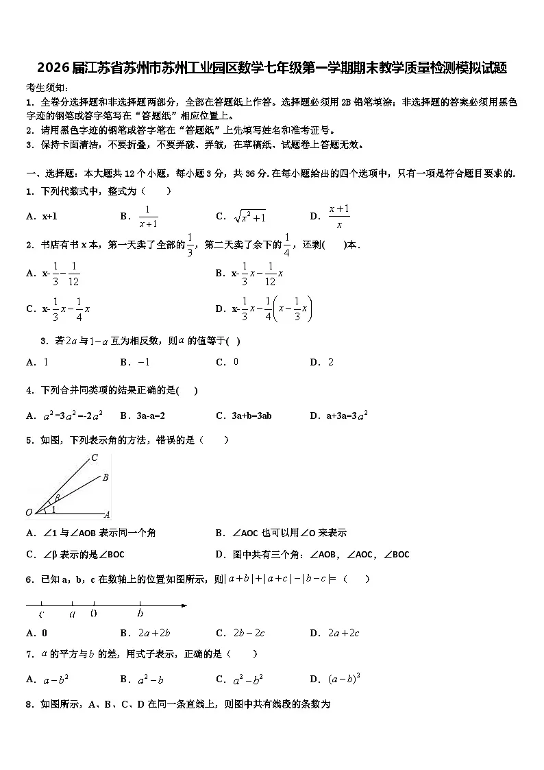 2026届江苏省苏州市苏州工业园区数学七年级第一学期期末教学质量检测模拟试题含解析第1页