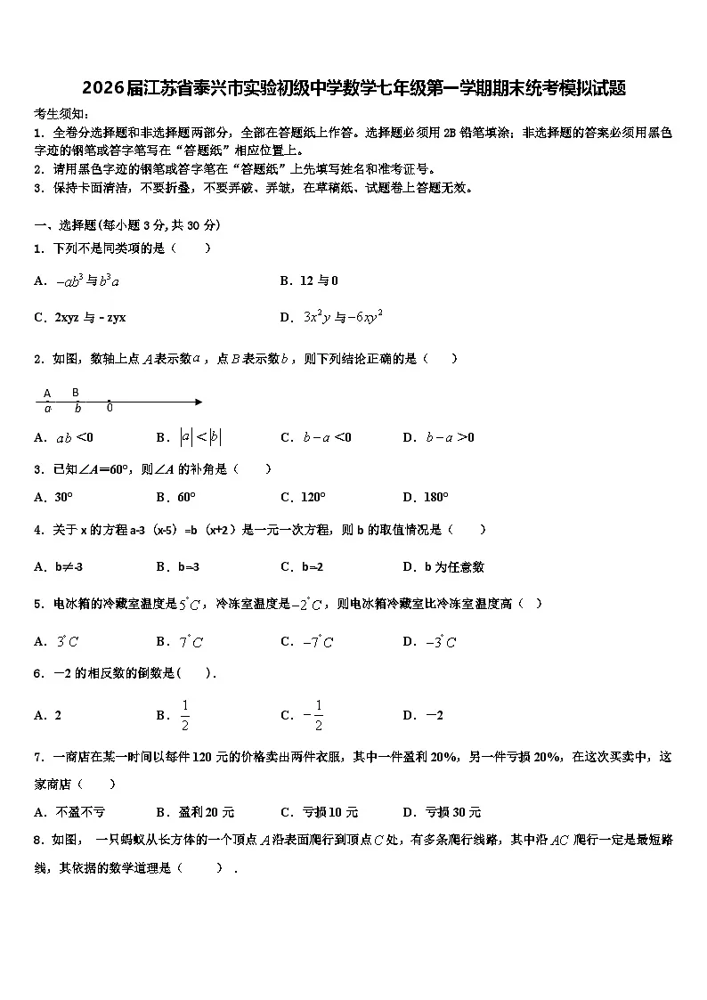 2026届江苏省泰兴市实验初级中学数学七年级第一学期期末统考模拟试题含解析第1页