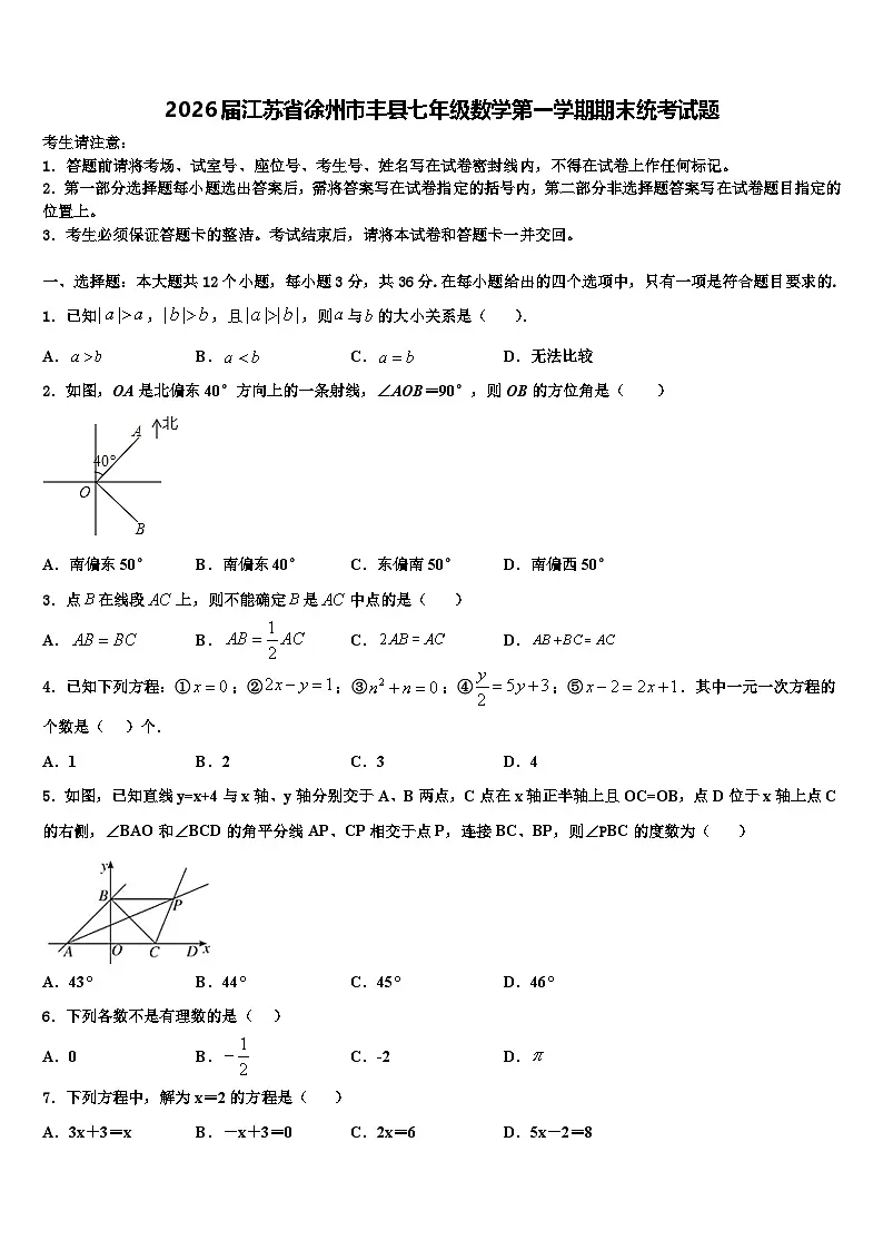 2026届江苏省徐州市丰县七年级数学第一学期期末统考试题含解析第1页