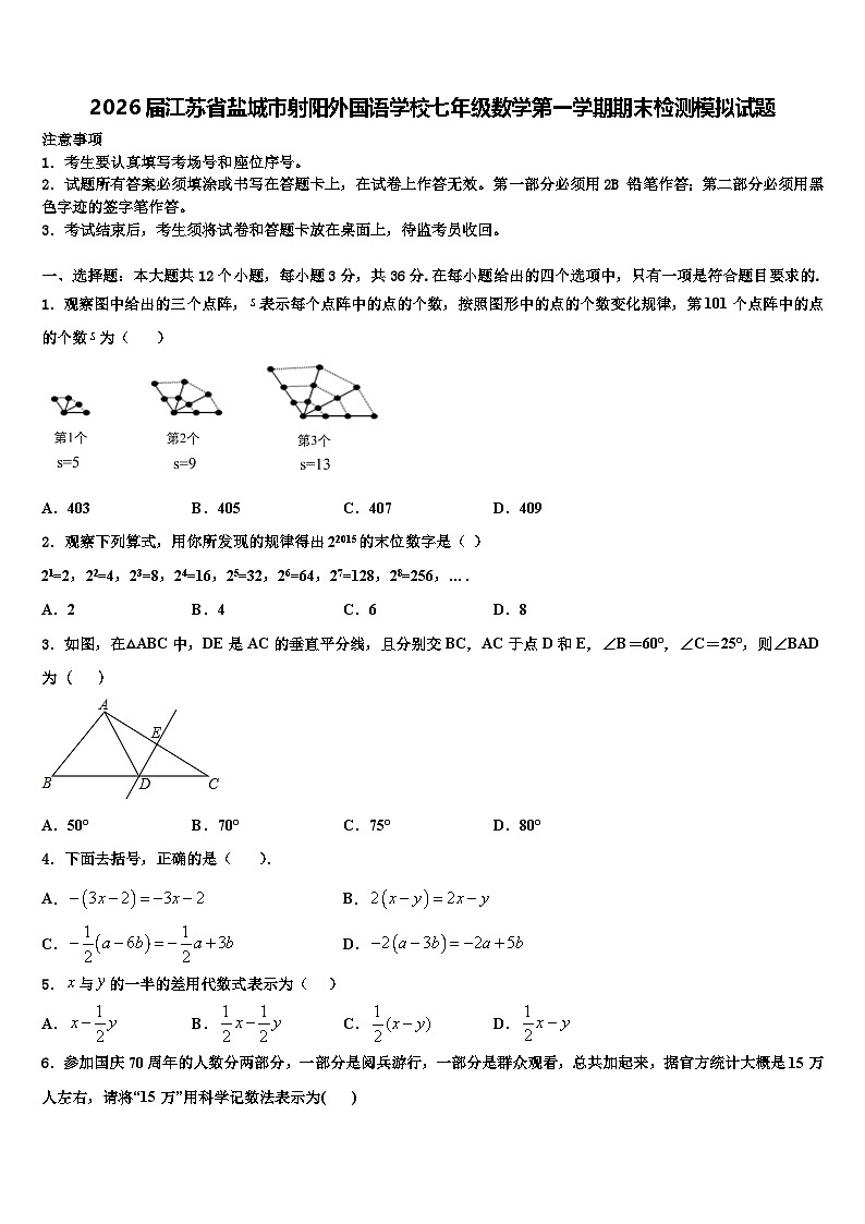 2026届江苏省盐城市射阳外国语学校七年级数学第一学期期末检测模拟试题含解析第1页