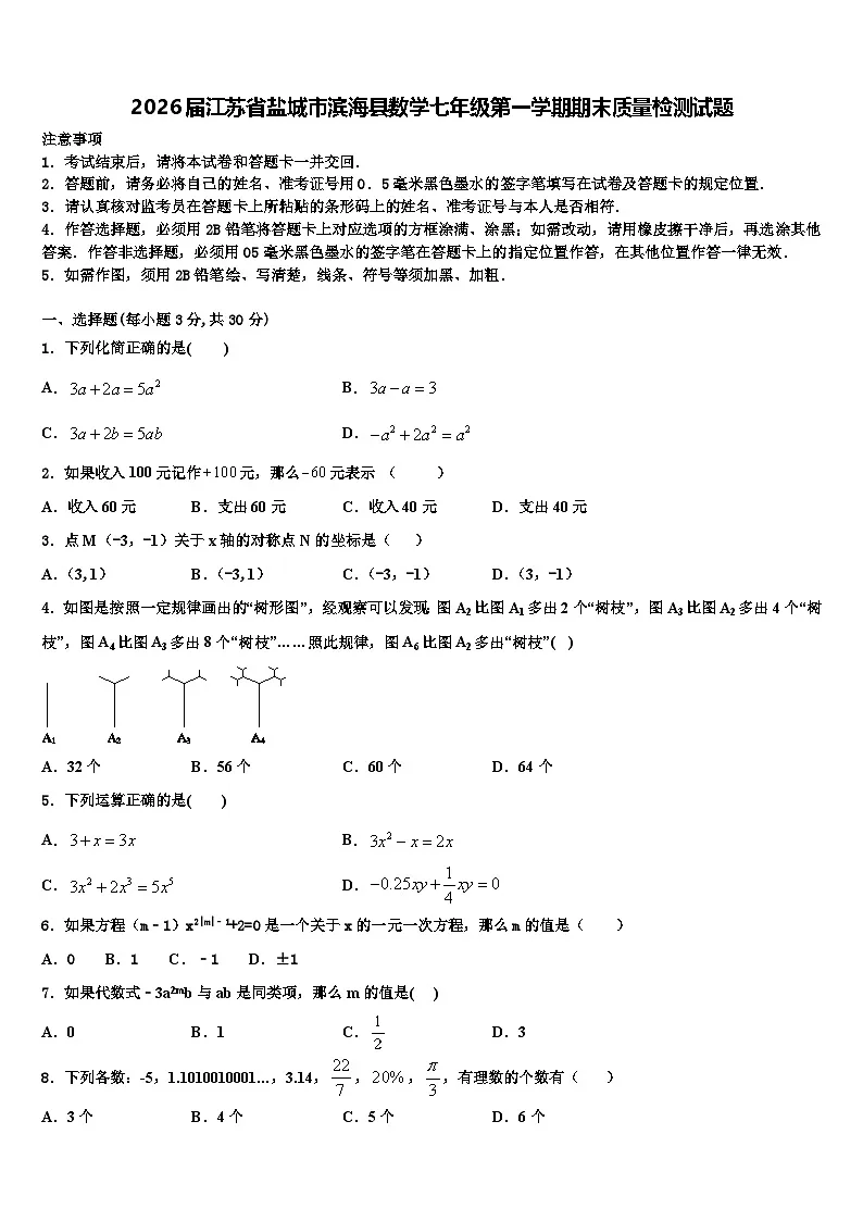 2026届江苏省盐城市滨海县数学七年级第一学期期末质量检测试题含解析第1页