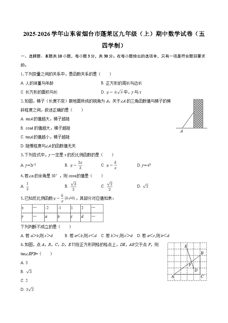 2025-2026学年山东省烟台市蓬莱区九年级（上）期中数学试卷（五四学制）-自定义类型第1页