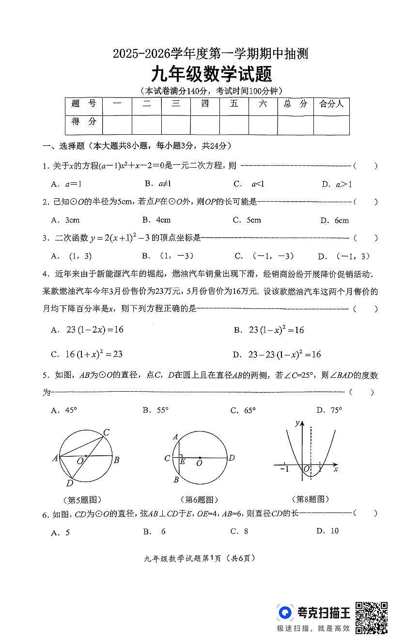 江苏省徐州市沛县2025~2026学年度第一学期期中抽测九年级数学试卷第1页
