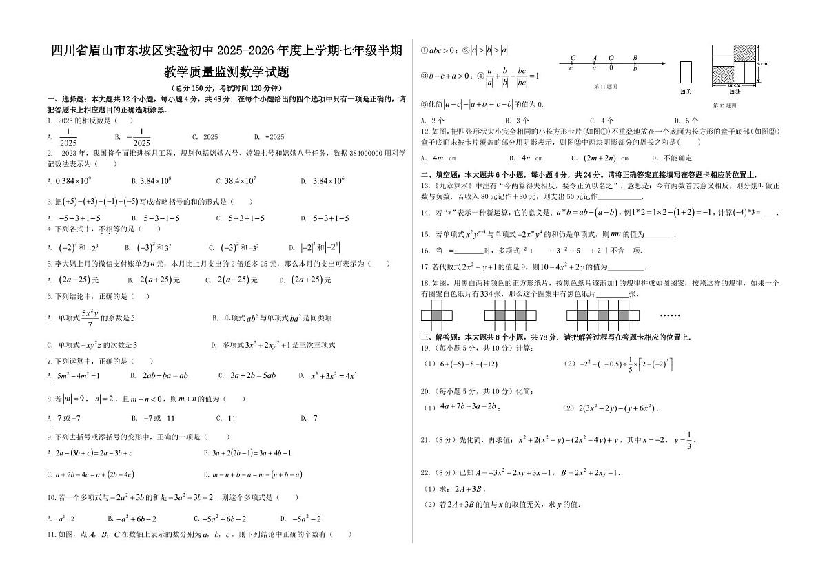 四川省眉山市东坡区实验初级中学2025-2026学年上学期七年级期中教学质量监测数学试题（含答案）第1页