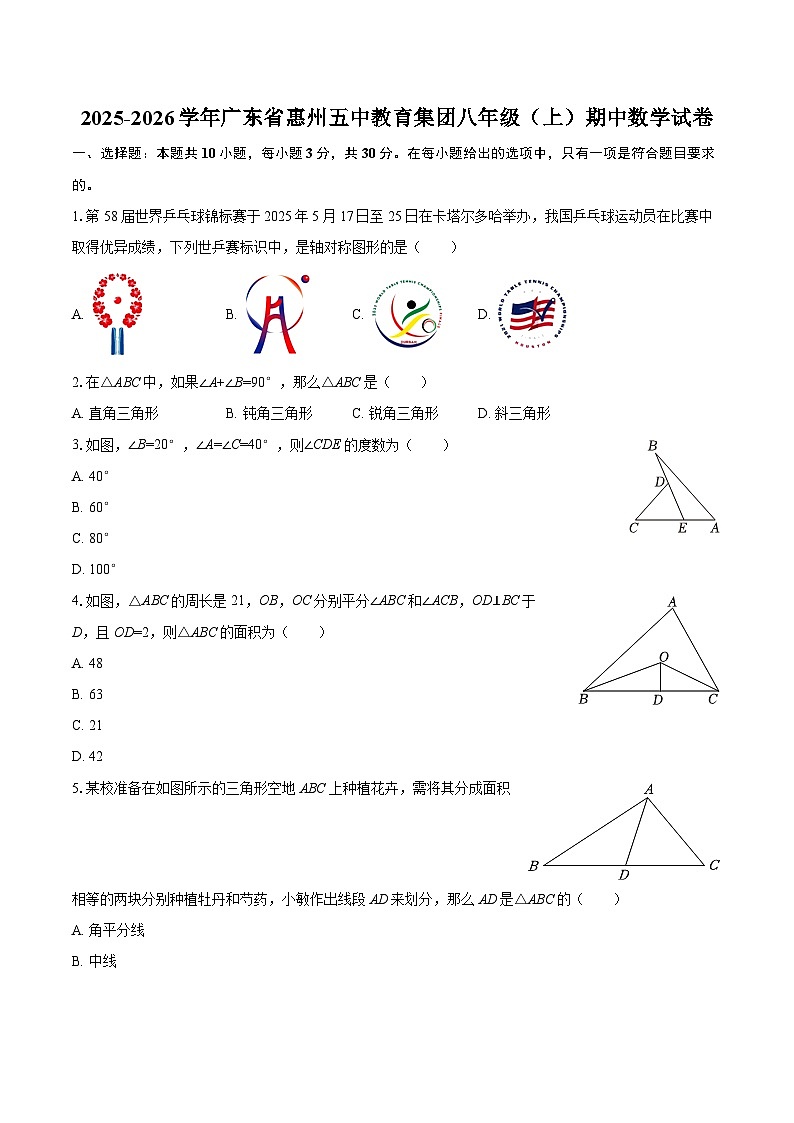 2025-2026学年广东省惠州五中教育集团八年级（上）期中数学试卷-自定义类型第1页