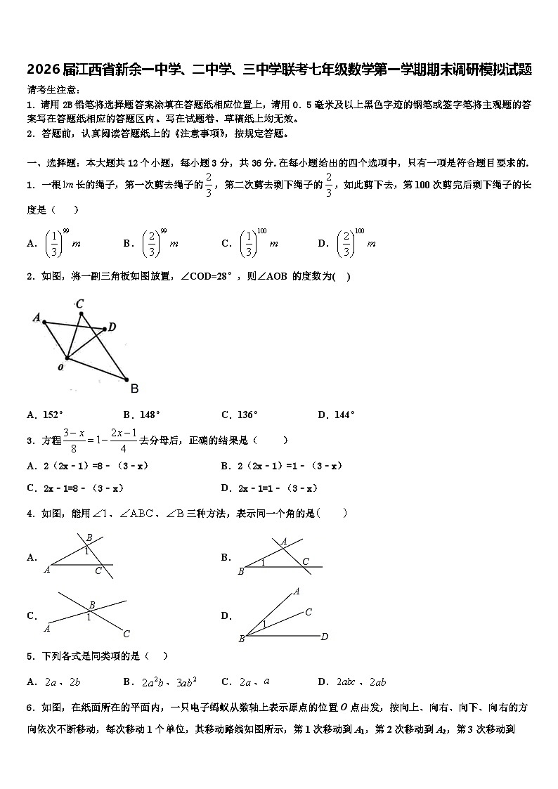 2026届江西省新余一中学、二中学、三中学联考七年级数学第一学期期末调研模拟试题含解析第1页