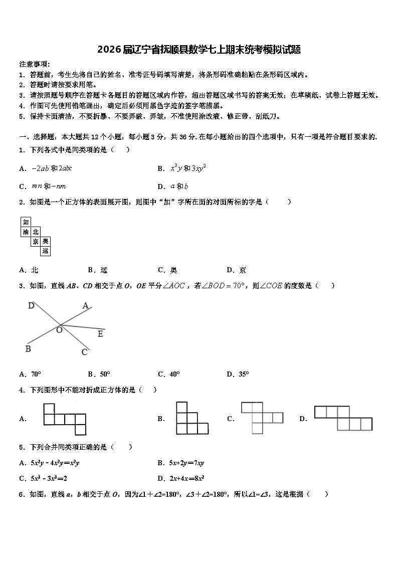 2026届辽宁省抚顺县数学七上期末统考模拟试题含解析第1页
