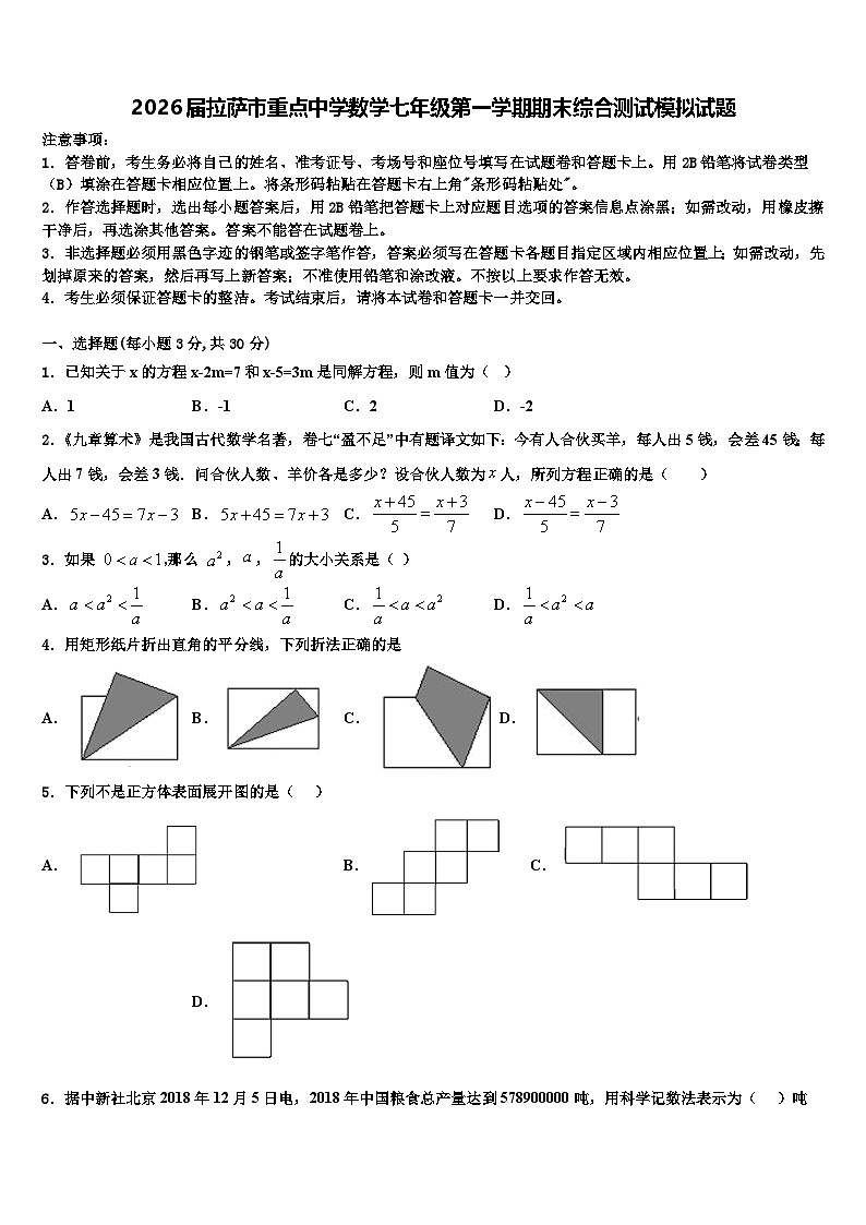 2026届拉萨市重点中学数学七年级第一学期期末综合测试模拟试题含解析第1页