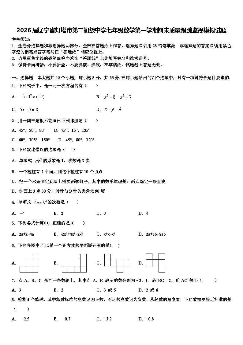 2026届辽宁省灯塔市第二初级中学七年级数学第一学期期末质量跟踪监视模拟试题含解析第1页