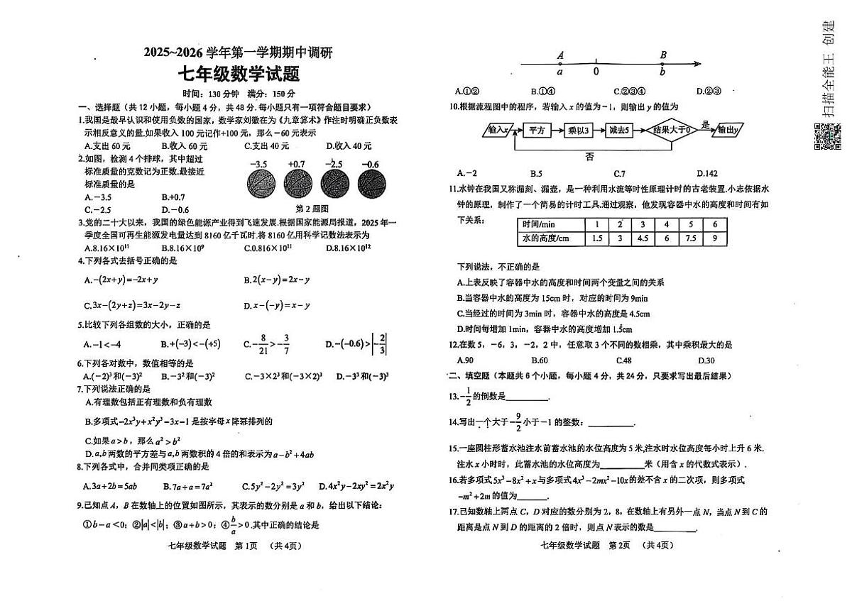 山东省聊城市东阿县2025-2026学年七年级上学期期中数学试卷第1页