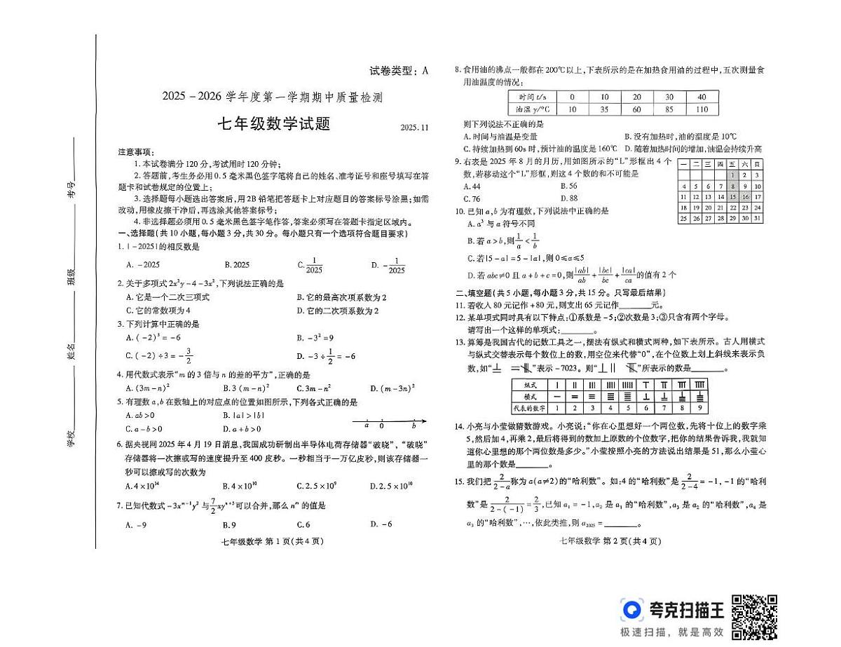 山东省潍坊市2025-2026学年七年级上学期11月期中数学试题第1页