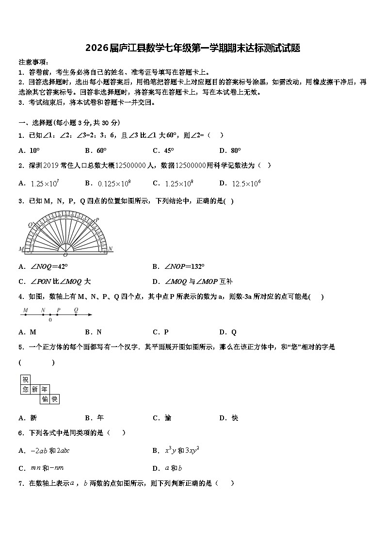2026届庐江县数学七年级第一学期期末达标测试试题含解析第1页