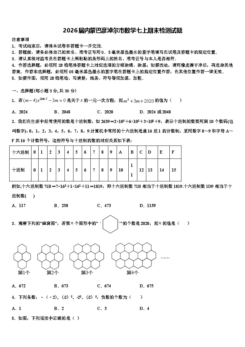 2026届内蒙巴彦淖尔市数学七上期末检测试题含解析第1页