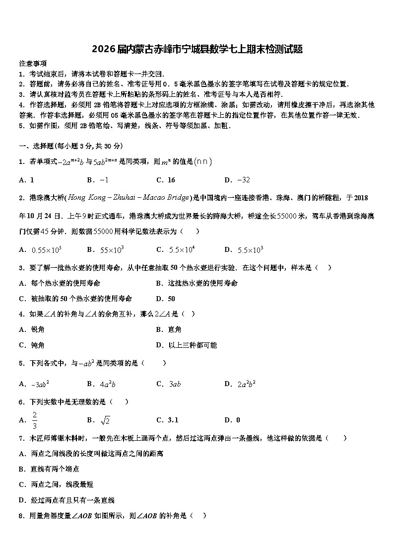 2026届内蒙古赤峰市宁城县数学七上期末检测试题含解析第1页
