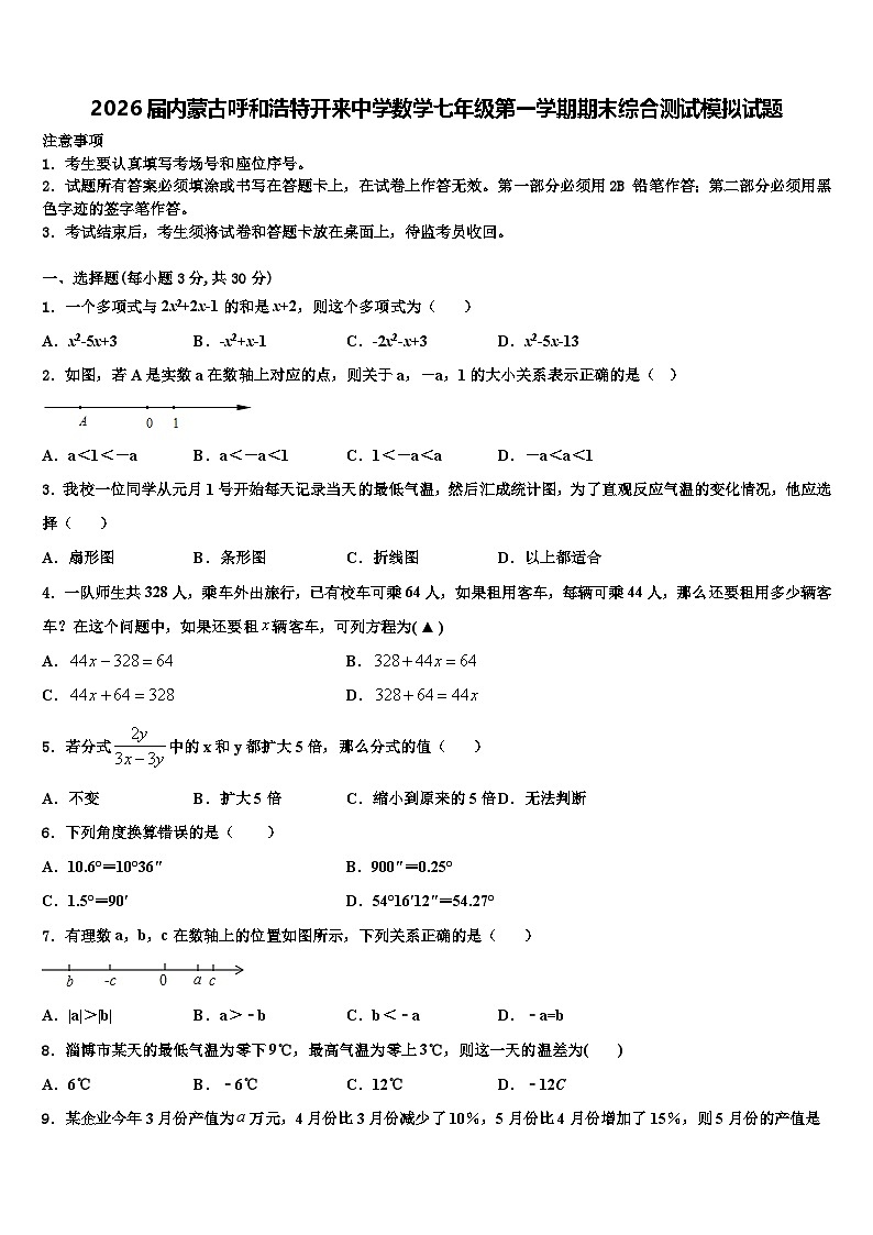 2026届内蒙古呼和浩特开来中学数学七年级第一学期期末综合测试模拟试题含解析第1页
