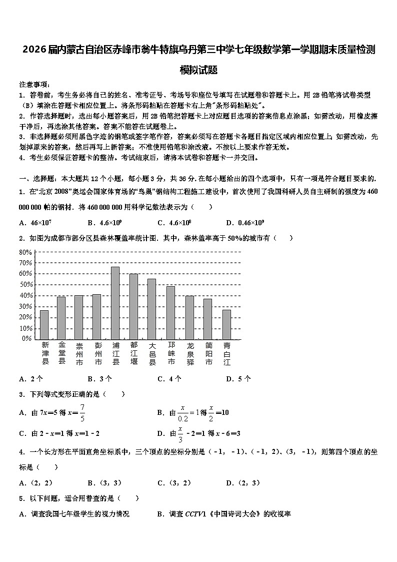 2026届内蒙古自治区赤峰市翁牛特旗乌丹第三中学七年级数学第一学期期末质量检测模拟试题含解析第1页