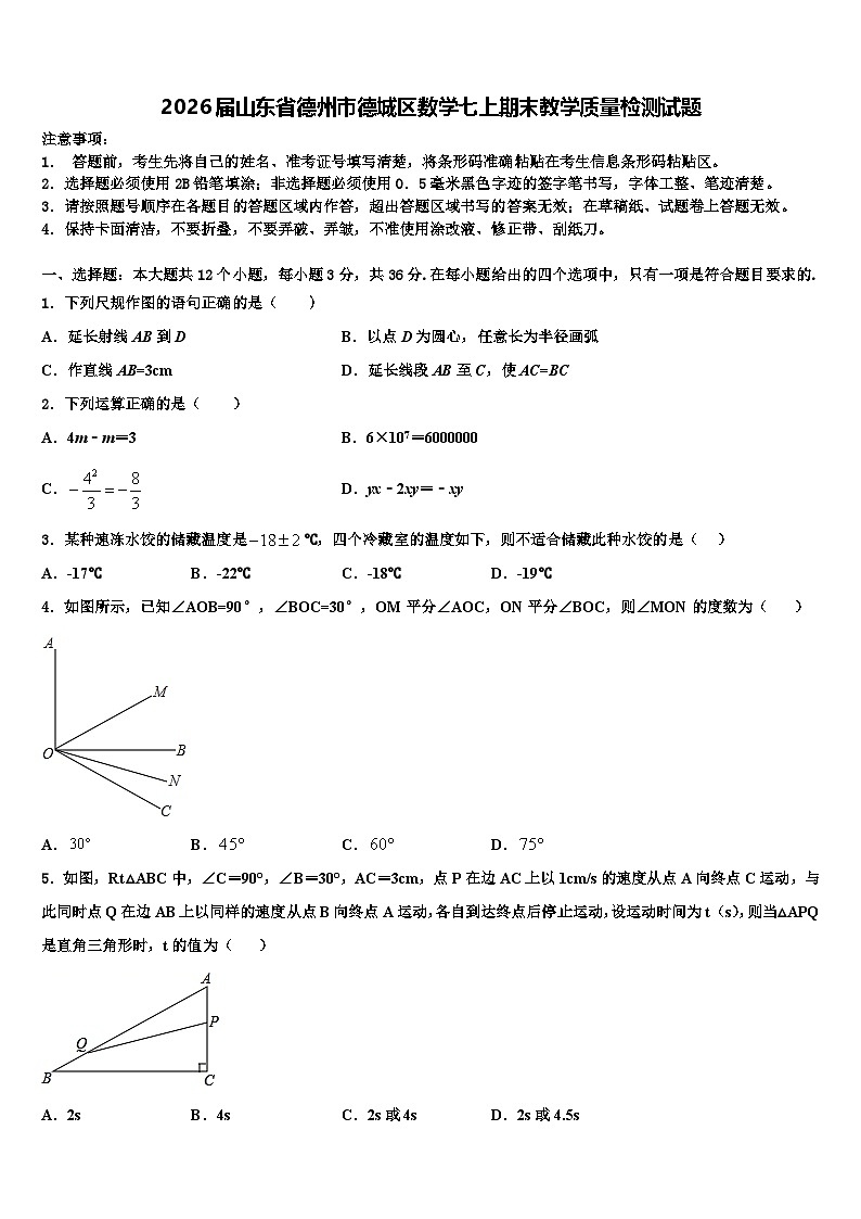 2026届山东省德州市德城区数学七上期末教学质量检测试题含解析第1页