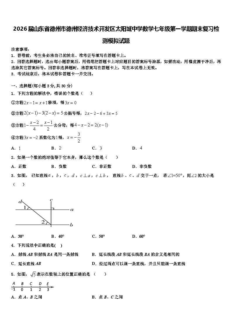 2026届山东省德州市德州经济技术开发区太阳城中学数学七年级第一学期期末复习检测模拟试题含解析第1页