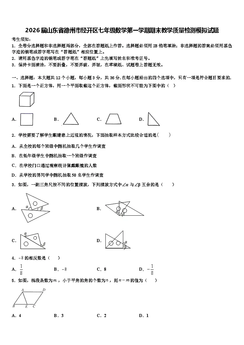 2026届山东省德州市经开区七年级数学第一学期期末教学质量检测模拟试题含解析第1页