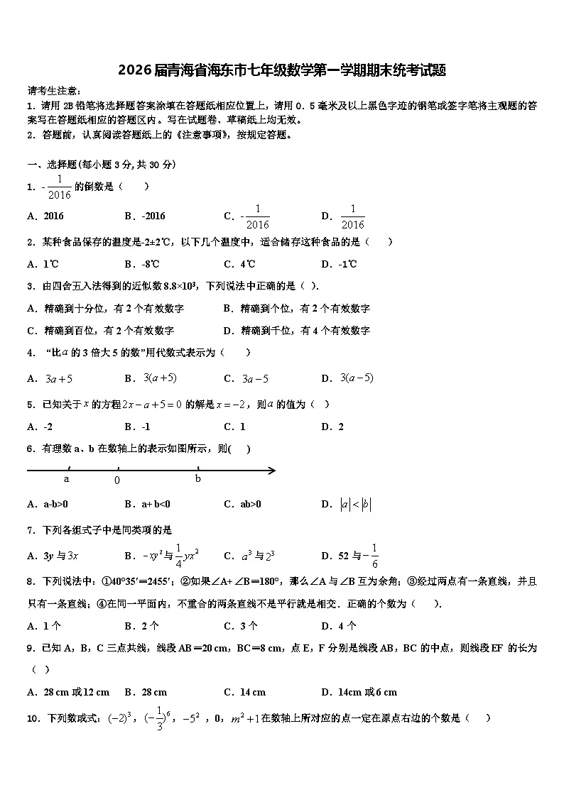 2026届青海省海东市七年级数学第一学期期末统考试题含解析第1页