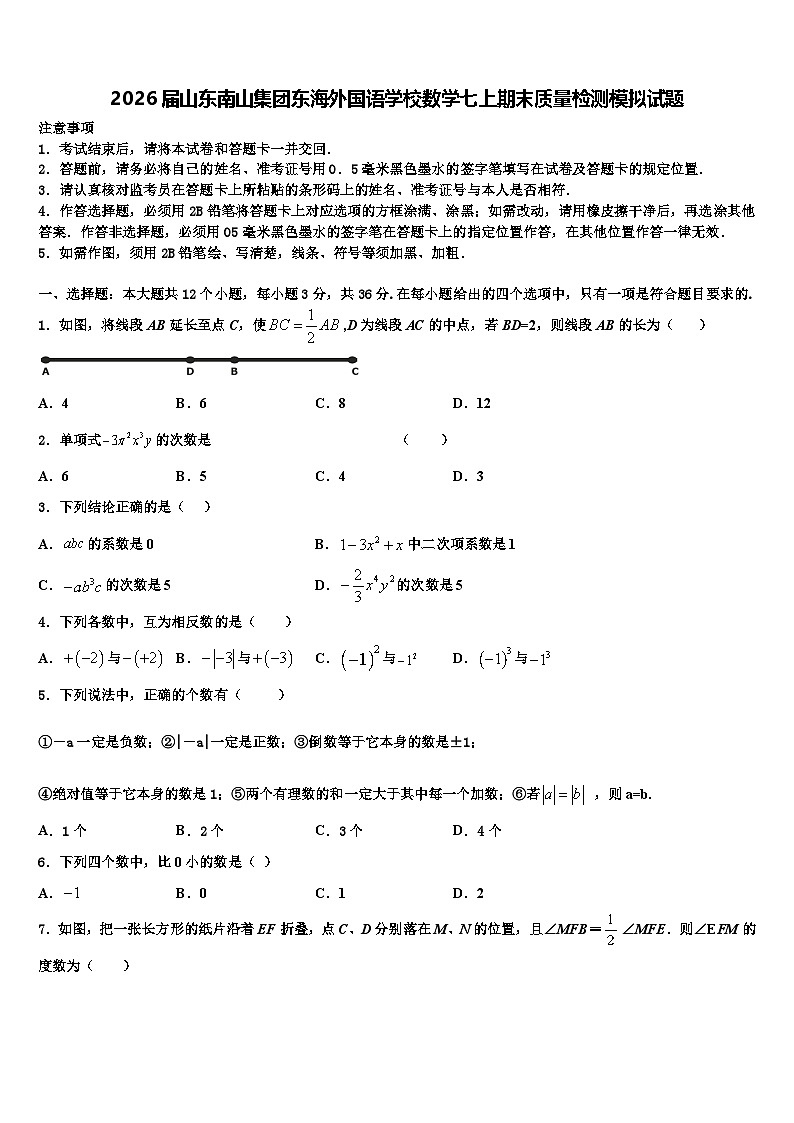 2026届山东南山集团东海外国语学校数学七上期末质量检测模拟试题含解析第1页