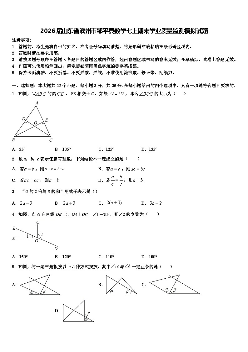 2026届山东省滨州市邹平县数学七上期末学业质量监测模拟试题含解析第1页