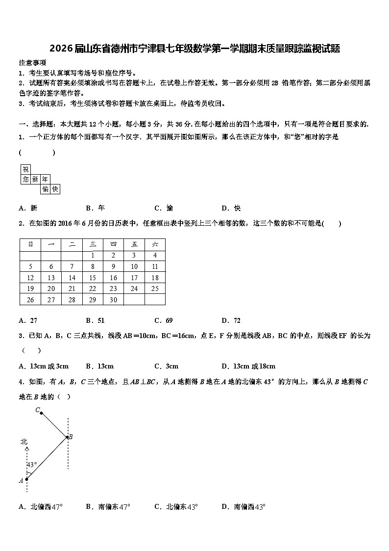 2026届山东省德州市宁津县七年级数学第一学期期末质量跟踪监视试题含解析第1页