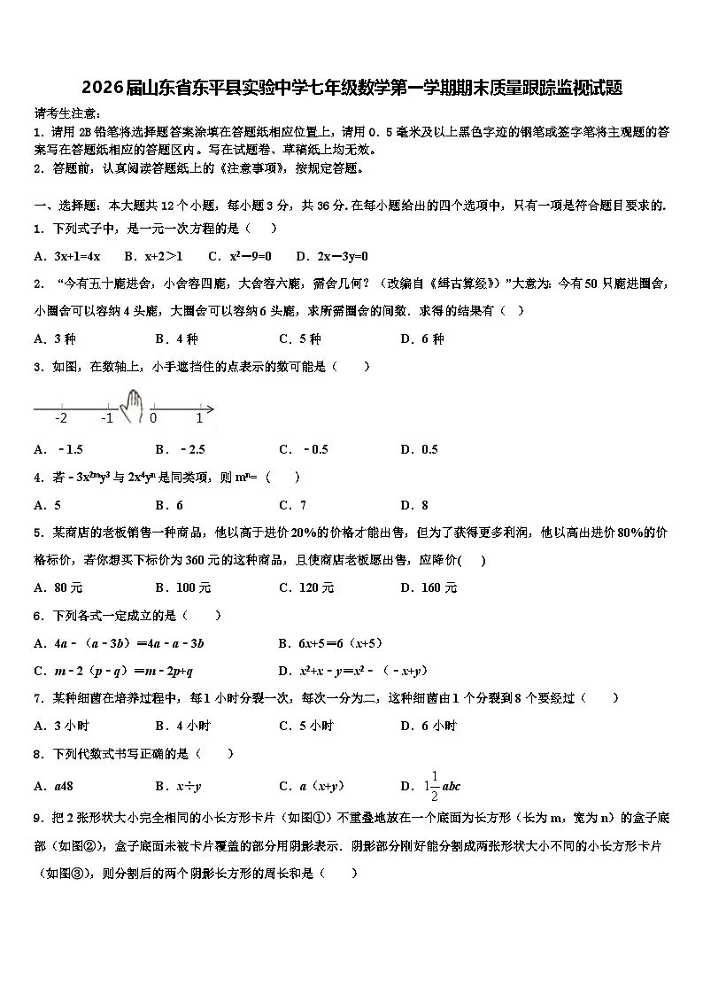 2026届山东省东平县实验中学七年级数学第一学期期末质量跟踪监视试题含解析第1页
