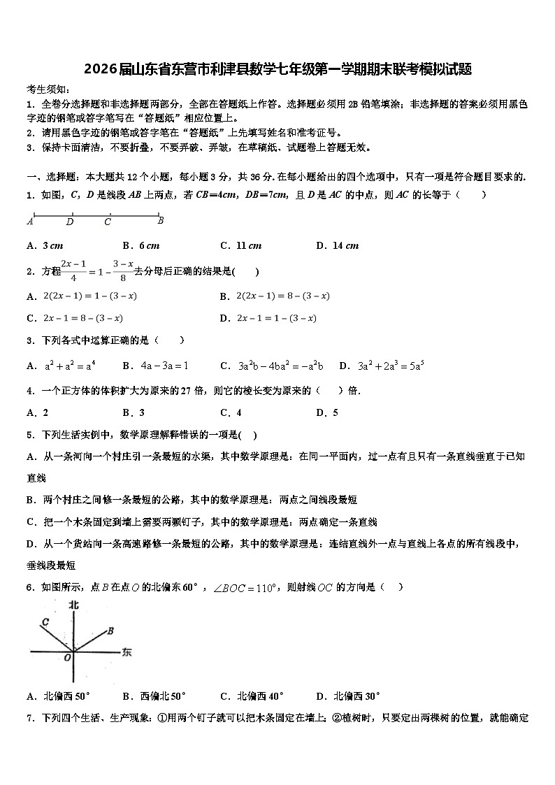 2026届山东省东营市利津县数学七年级第一学期期末联考模拟试题含解析第1页