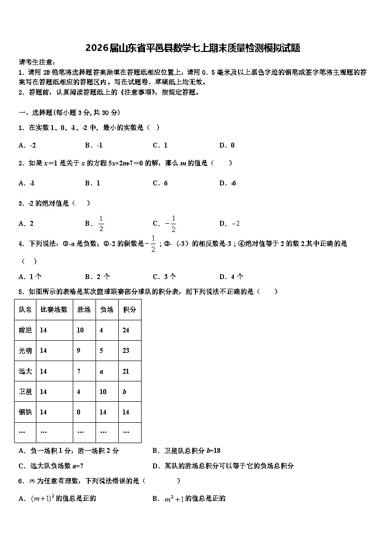 2026届山东省平邑县数学七上期末质量检测模拟试题含解析第1页