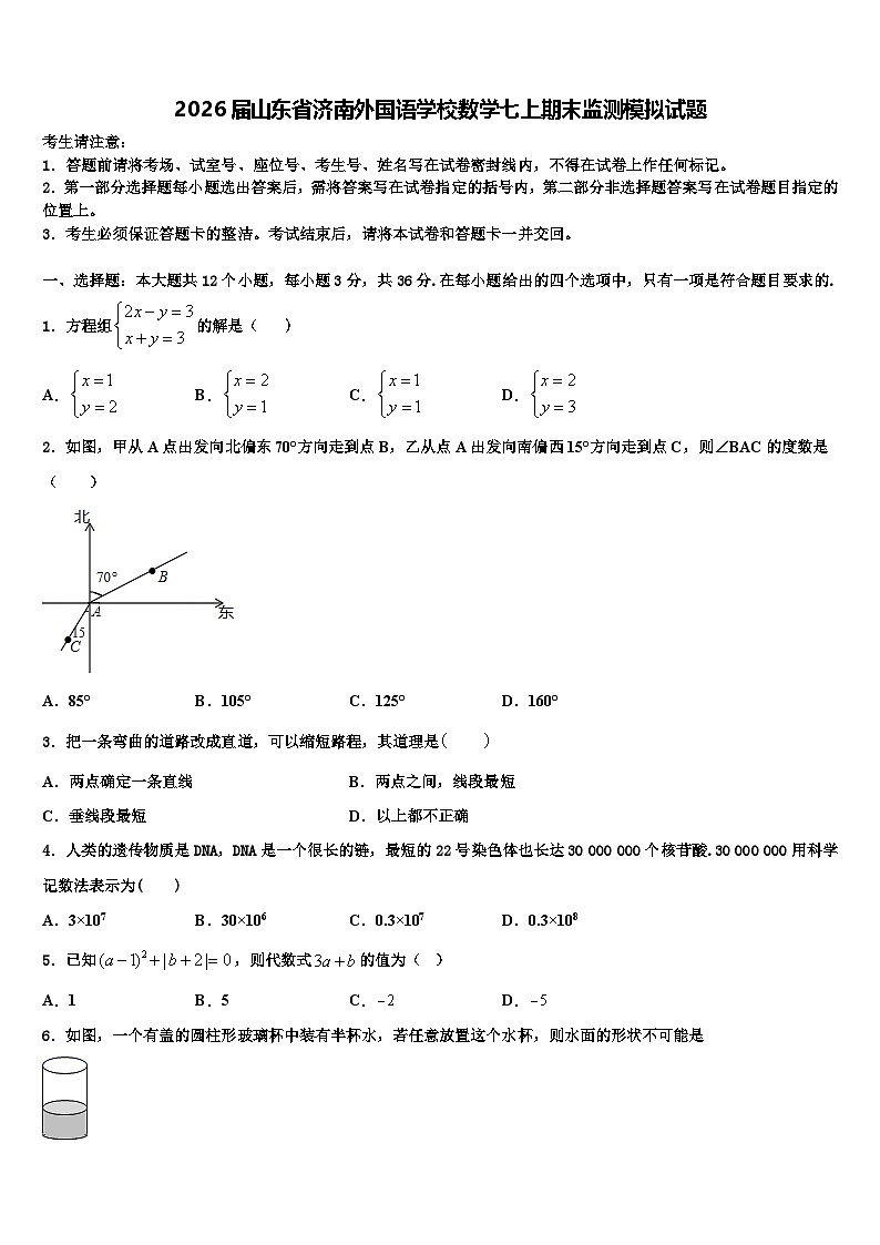 2026届山东省济南外国语学校数学七上期末监测模拟试题含解析第1页