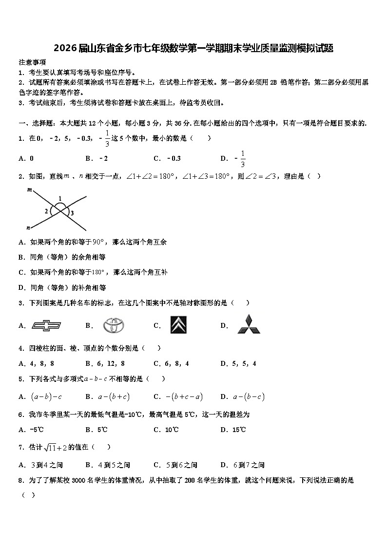 2026届山东省金乡市七年级数学第一学期期末学业质量监测模拟试题含解析第1页