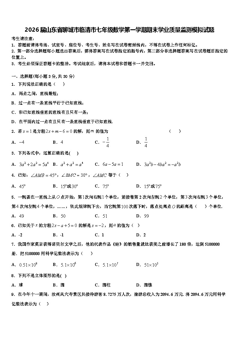 2026届山东省聊城市临清市七年级数学第一学期期末学业质量监测模拟试题含解析第1页