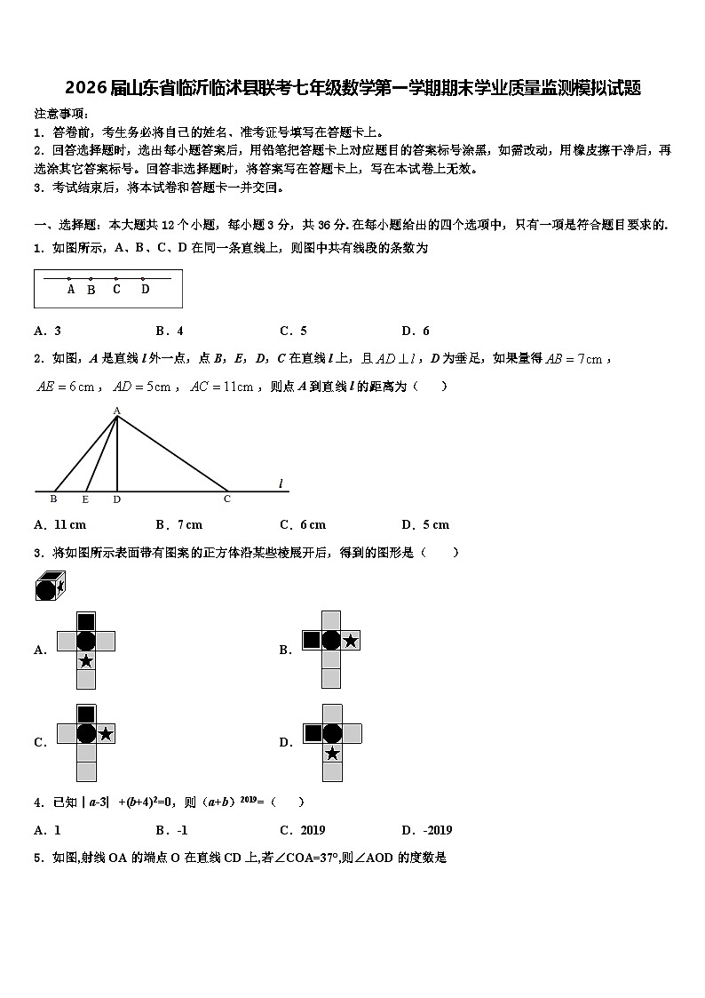 2026届山东省临沂临沭县联考七年级数学第一学期期末学业质量监测模拟试题含解析第1页