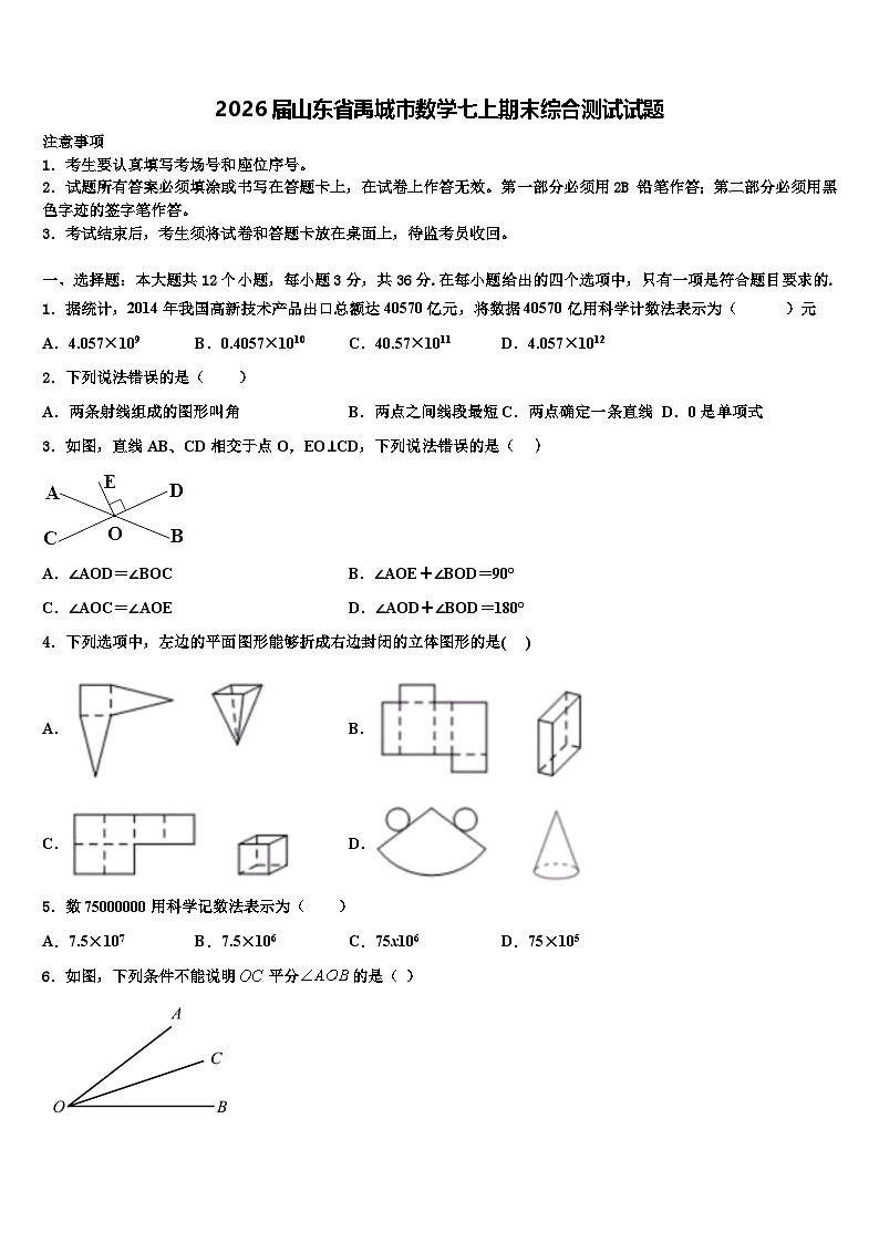 2026届山东省禹城市数学七上期末综合测试试题含解析第1页