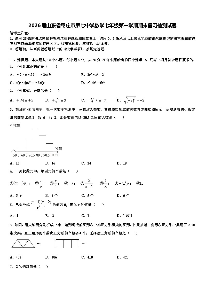 2026届山东省枣庄市第七中学数学七年级第一学期期末复习检测试题含解析第1页