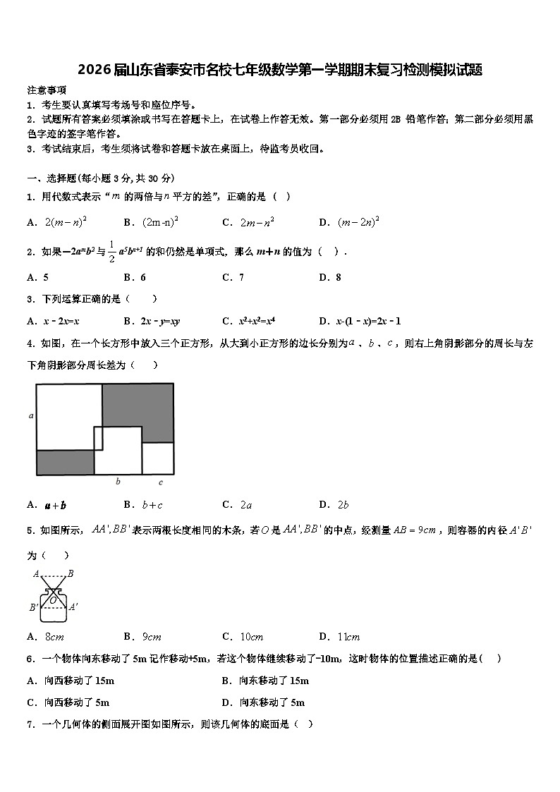 2026届山东省泰安市名校七年级数学第一学期期末复习检测模拟试题含解析第1页