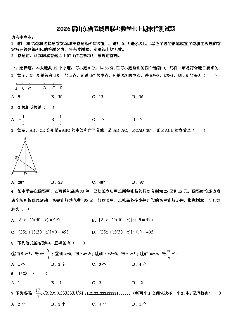 2026届山东省武城县联考数学七上期末检测试题含解析第1页