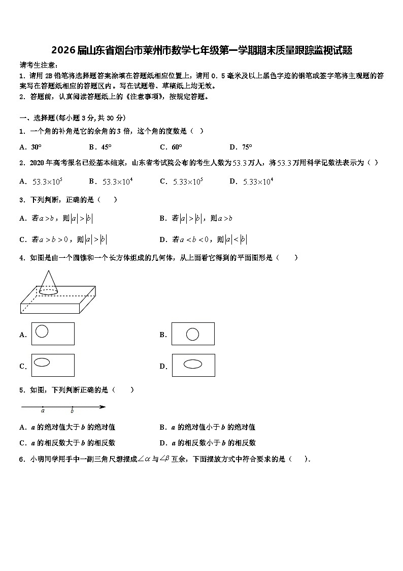 2026届山东省烟台市莱州市数学七年级第一学期期末质量跟踪监视试题含解析第1页