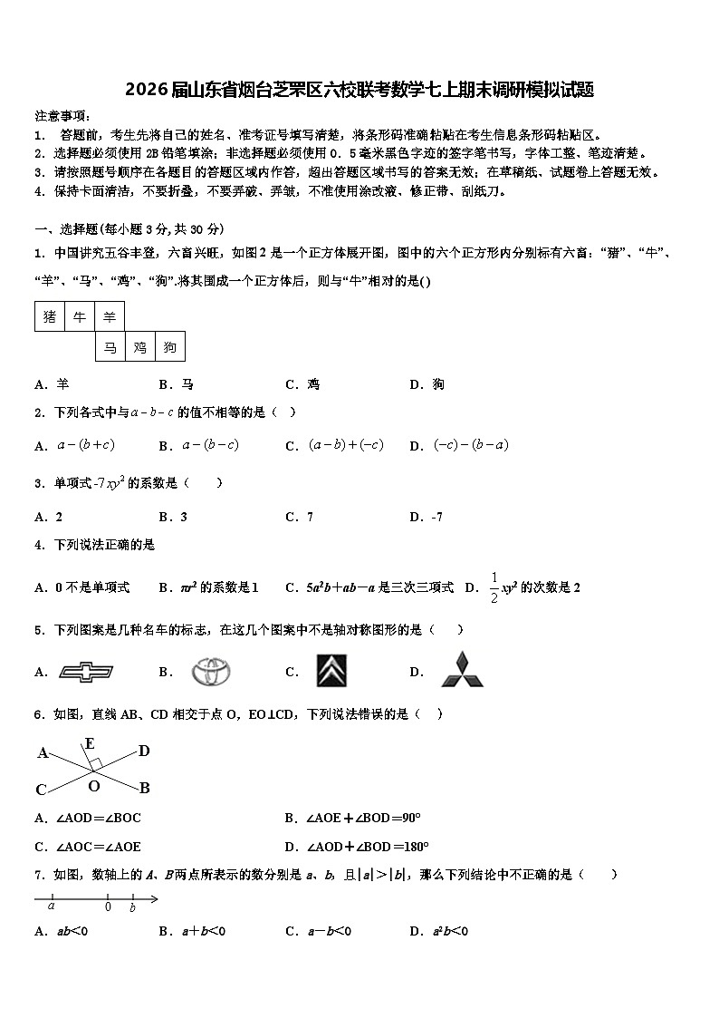 2026届山东省烟台芝罘区六校联考数学七上期末调研模拟试题含解析第1页