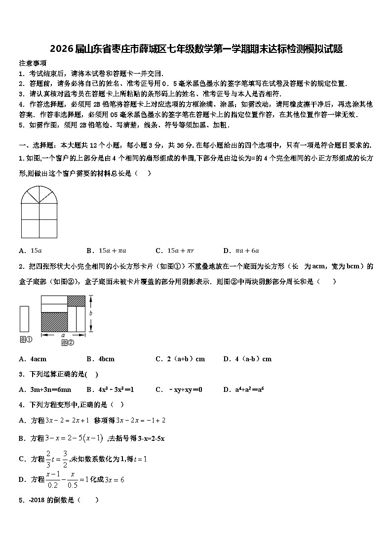 2026届山东省枣庄市薛城区七年级数学第一学期期末达标检测模拟试题含解析第1页