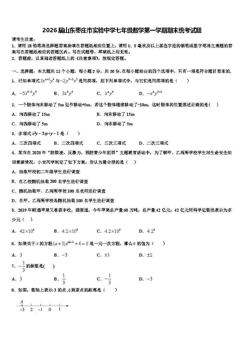 2026届山东枣庄市实验中学七年级数学第一学期期末统考试题含解析第1页
